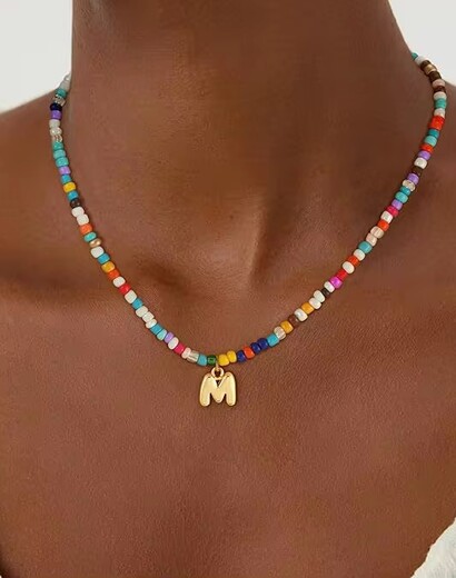 Colourful beads beaded necklace with letter pendant